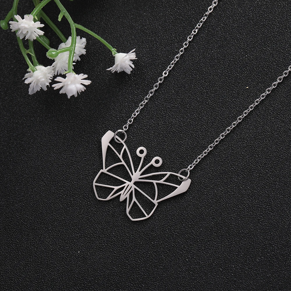 

Skyrim Silver Color Origami Hollow Butterfly Pendant Necklace for Women Girls Stainless Steel Animal Jewelry Gift 2019