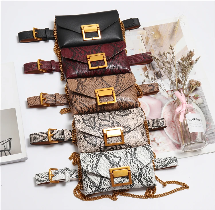 

Chain Fanny Pack Snake Serpentine Waist Bag Women PU Leather Fashion Waist Pack Vintage Belt Bags Purse Pouch Bum Bag Detachable