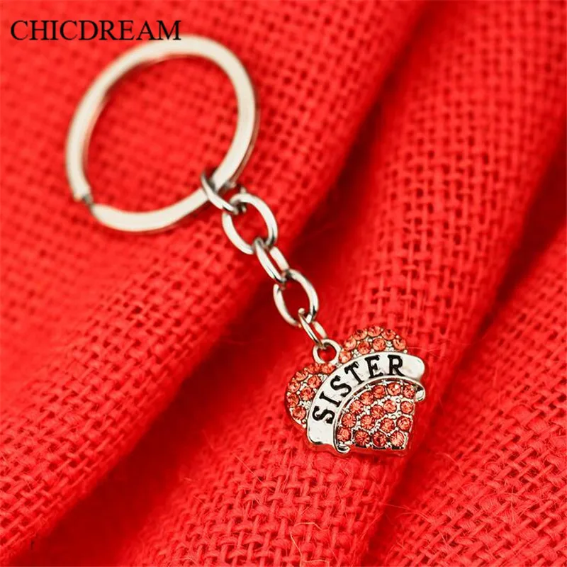 

CHICDREAM 2017 New Love Keychain Silver Plated Big Sister key Chain for Car Metal Heart Shape Red rhinestone Keyrings