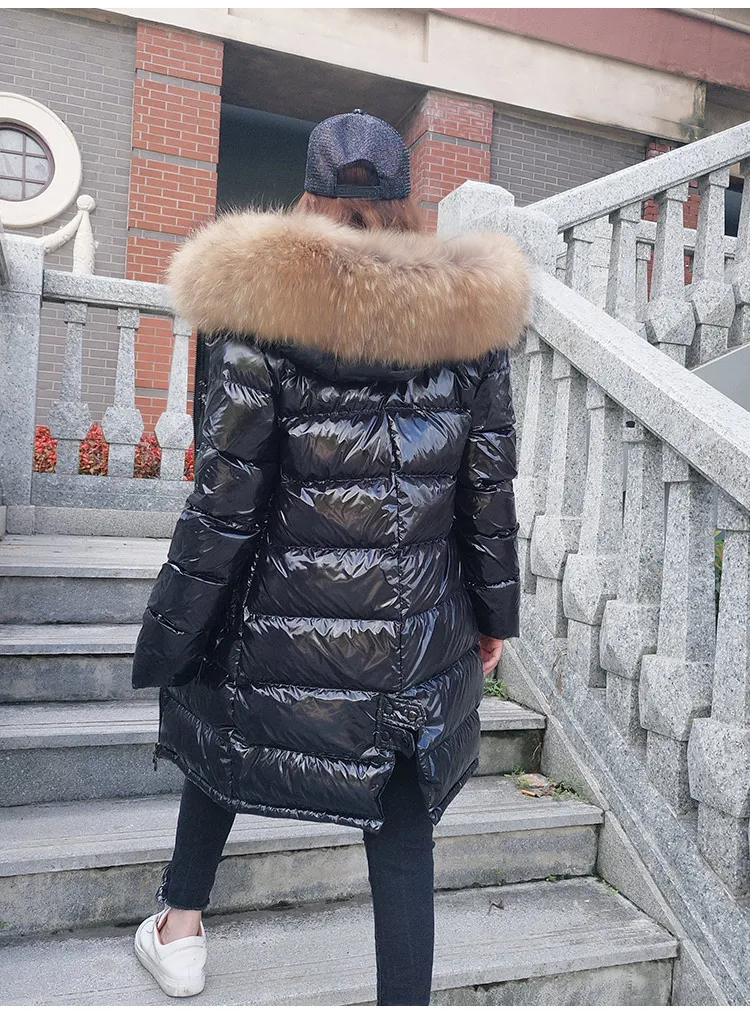 Женская зимняя мода большой натуральный мех енота с капюшоном средней длины Черный Сплит толстые теплые парки куртки женские повседневные Элегантные пальто