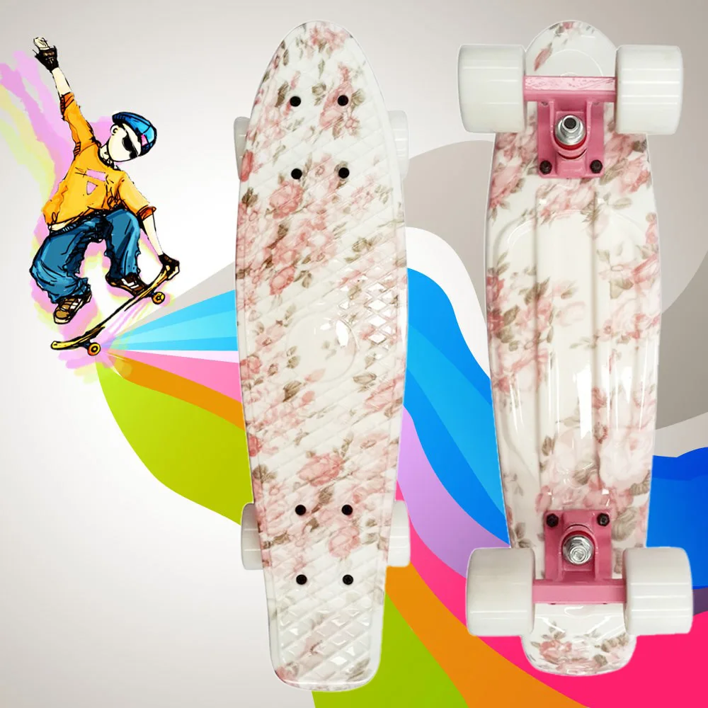 

Four PU Wheels Long Skateboard 100kg Load Retro Skateboard Hibiscus Pattern Mini Board For Outdoor Sport