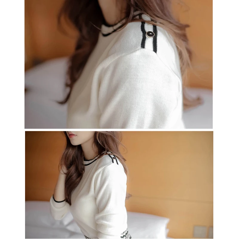 spring New autumn knitted dress long sleeve fashion sweater women's middle long hip skirt white print button dress sweater 11i3