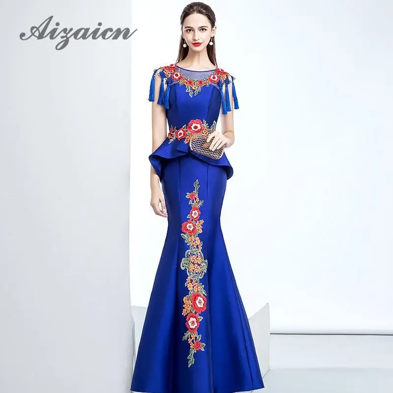 

Royal Blue Long Wedding Qipao Dresses 2018 New Arrival Embroidery Satin Formal Evening Gown Tassel Mermaid Cheongsam Dress