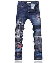 Hot sale men belle print jeans fashion skinny pencil trousers