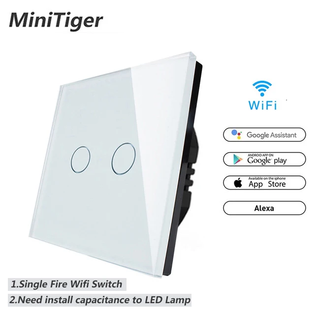 

Minitiger WIFI Smart 2 Gang Touch Switch APP Wireless Remote Light Wall Switch Crystal Glass Panel Work With Alexa / Google Home