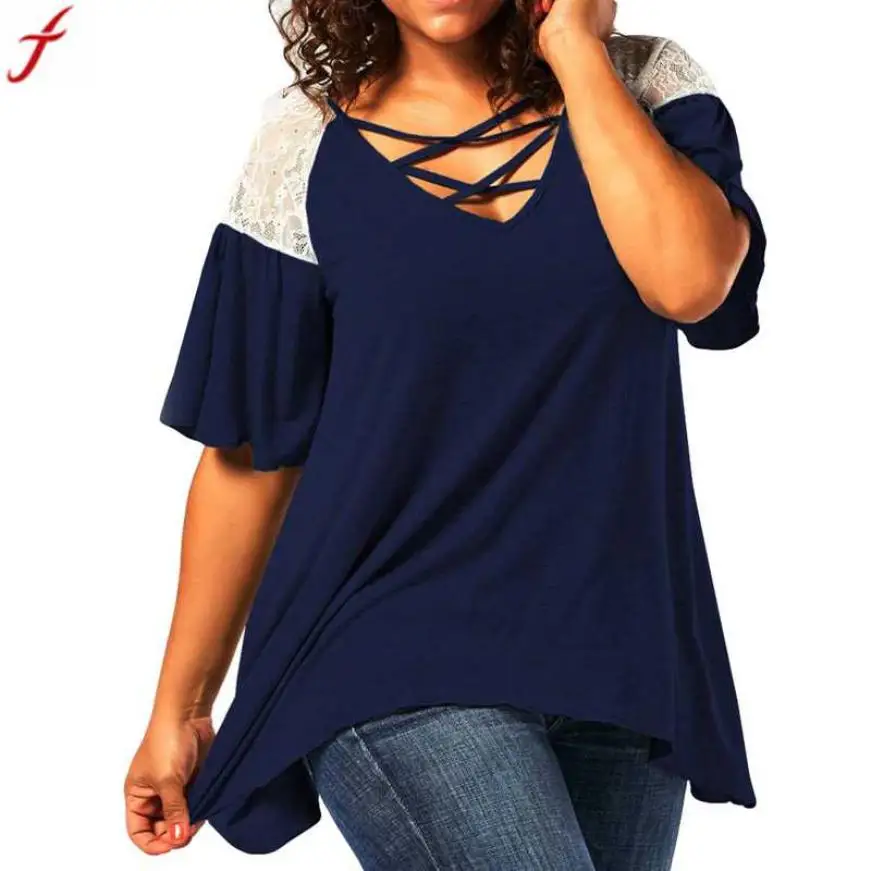 

Summer Tunics Women Front Cross Blouses Ladies Fashion Lace Splicing Half Sleeve Shirt Plus Size 4XL 5XL Women Tops Ropa Mujer#4