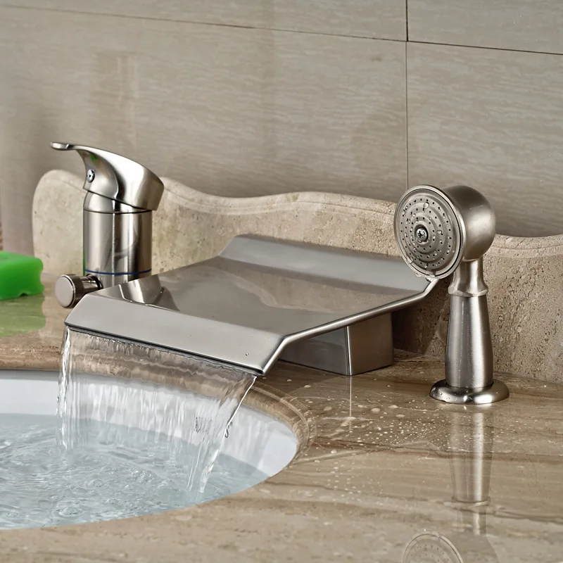 

Widespread Brushed Nickel 3pcs Waterfall Bathtub Faucet Set with Handshower Deck Mount 3 Holes