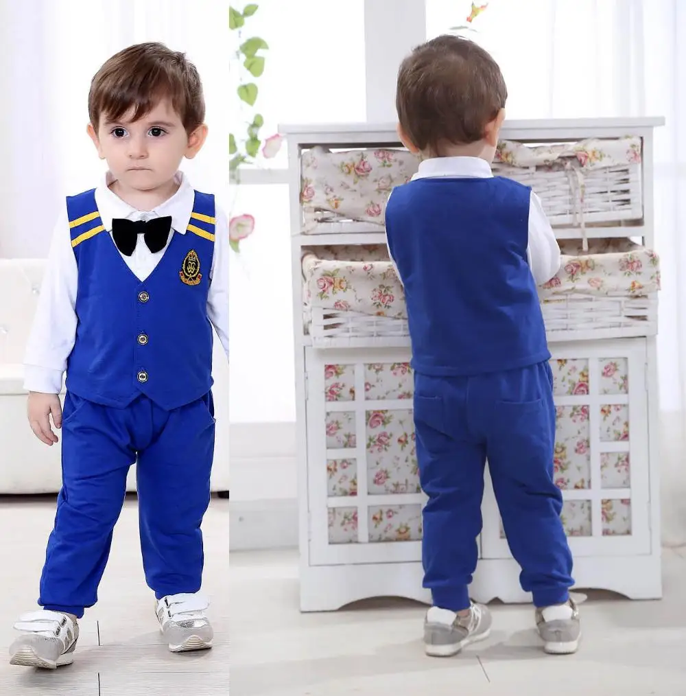 Little Gentleman Baby Boy Wedding Suit Formal Boys Bule Color Little Gentleman Baby Boy Wedding Suit Formal Boys Bule Color Clothing Sets Long Sleeve Vest Tie Bow Two Pieces Cotton In From