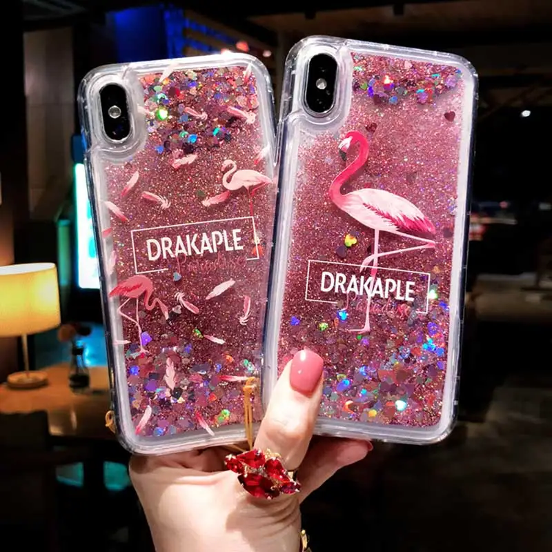 

Pink Flamingo Glitter Quicksand Case For iPhone 7 Case Dynamic Liquid Soft Silicone Cover For iPhone 6 6s 7 8 Plus X XR XS Max