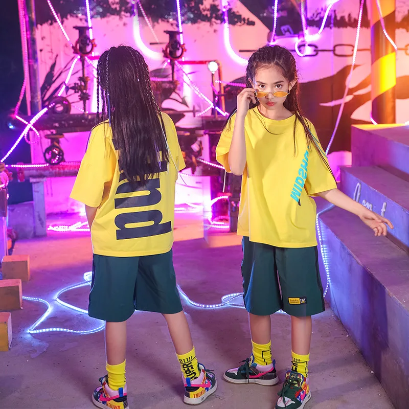 Children Hip Hop Dance Costumes Kids Street Dance Clothing Yellow Tshirt Green Shorts Girls Dancewear Stage Outfit (8)