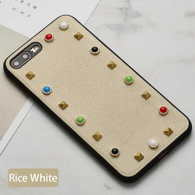 Wangcangli чехол для телефона из натуральной кожи для iPhone 7P с текстурой личи, задняя крышка с заклепками для iPhone 6, 6 S, 7, 8 Plus, SE, 5, 5S, чехол для телефона - Цвет: Off-White