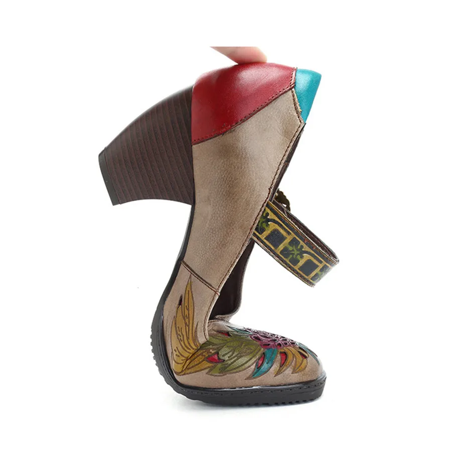 Vintage Printed Pumps Women Shoes Genuine Leather Block High Heels Ankle Buckle Strap Mary Janes Shoes Woman Retro Heels Zapato (6)