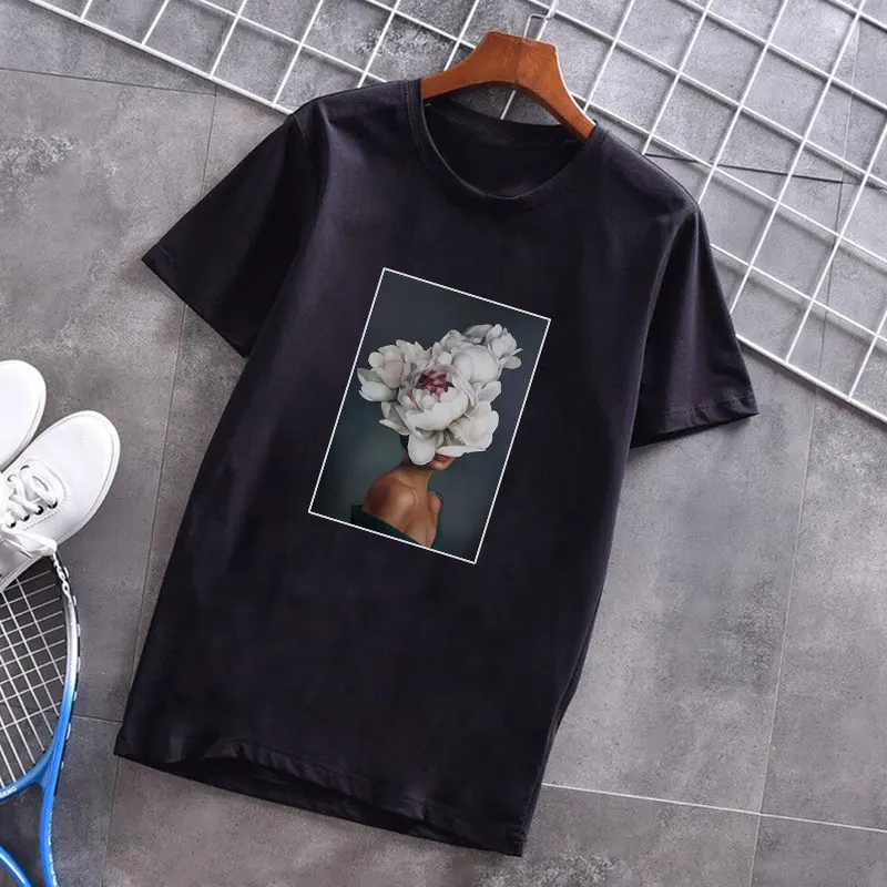 

New Grunge Aesthetic Womens T-shirts Tops Sexy Flowers Feather Printed Harajuku Kawaii Vogue T Shirt Casual Sweet Lady Tees Tops