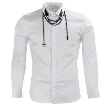 

Unique Design Men's Fashion Metal Wings Chain Shirt Long Sleeve Top Cotton Shirt Male Autumn Shirts 2 Colors