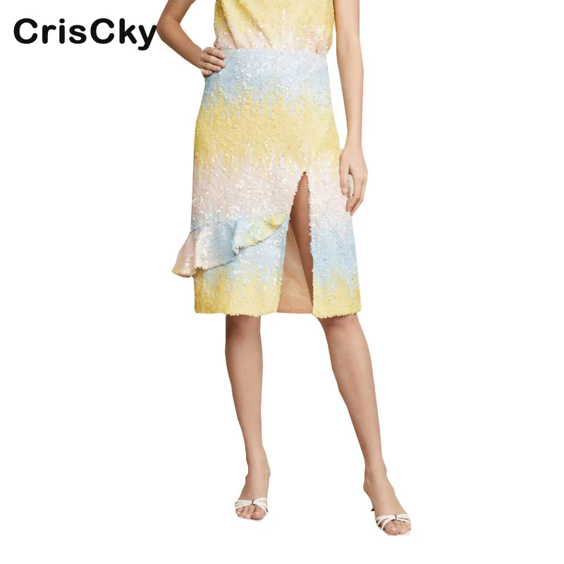 

CRISCKY 2019 Summer Skirts Womens High Waist Sequins Ruffles Short Skirts Ladies Spring Sexy Slit Pencil Skirts Jupe Femme