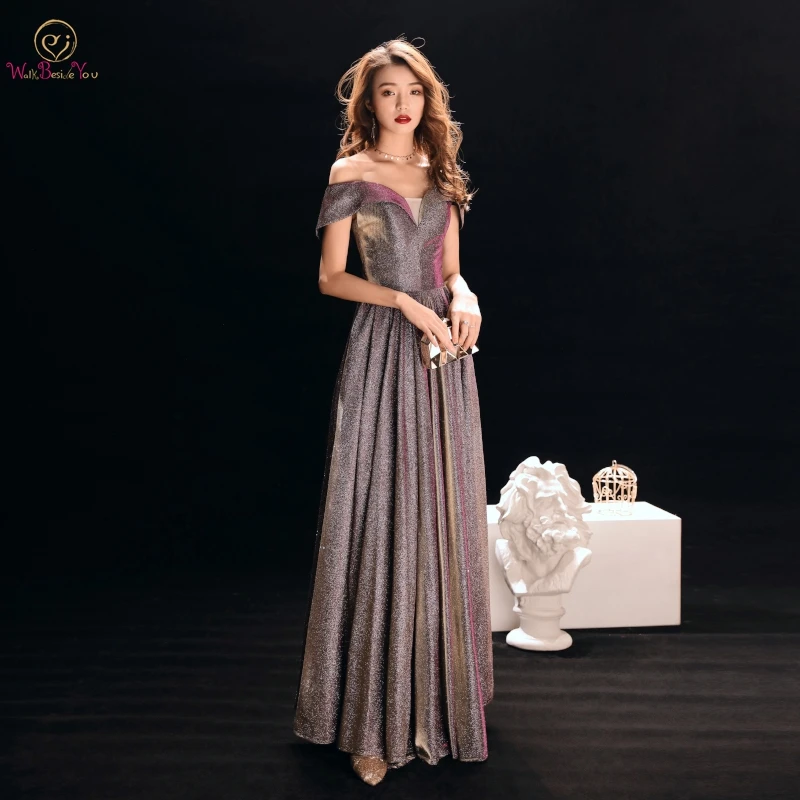 

Walk Beside You Plus Size Evening Dresses Formal Long Mother of the Bride Dresses Off Shoulder Satin Silver Prom Gown Women 2019