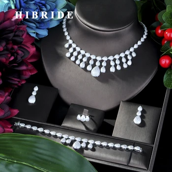 

HIBRIDE Luxury Geometry African Necklace Earring Set Jewelry Sets For Women Wedding Zircon CZ Dubai Bridal jewelry Set N-35