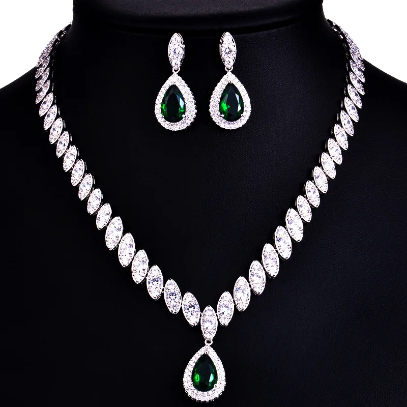 925 Sterling Silver Platinum Plate Luxury Diamond Women Wedding Jewelry Set Red/Green/Blue/White CZ Drop Earring Choker Necklace - Цвет камня: Зеленый