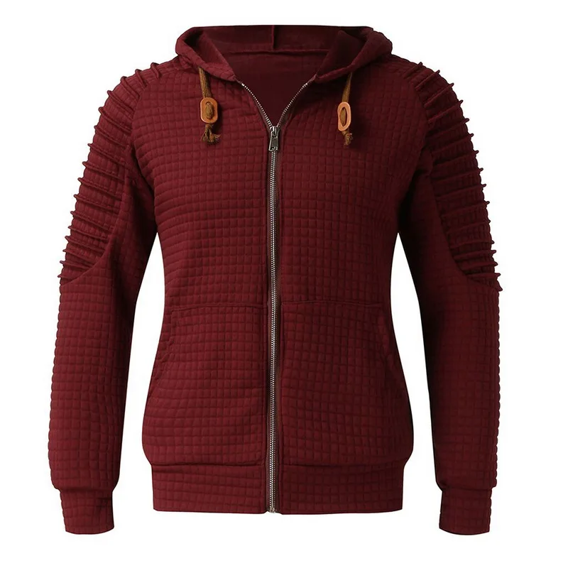 

ADISPUTENT2019 Autumn Winter New Men's Fashion Solid Color Full Zipper Grid Texture Long Sleeve Hooded Fleece Jacket Hoodie