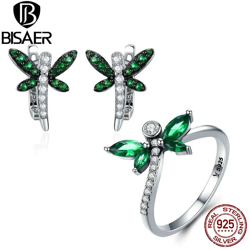 

BISAER 925 Sterling Silver Jewelry Sets Dragonfly Insect Green CZ Ring & Stud Earrings for Women Sterling Silver 925 Jewelry