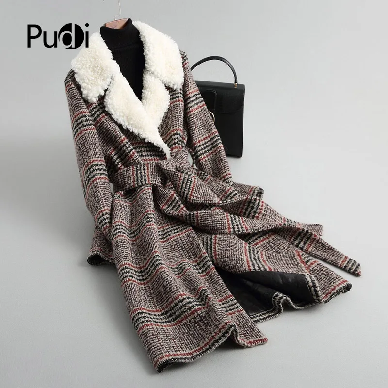 

PUDI A18014 2018 Women Fall/Winter new fashion wool PLAID jacket with wool fur collar lady's long style leisure wool coat