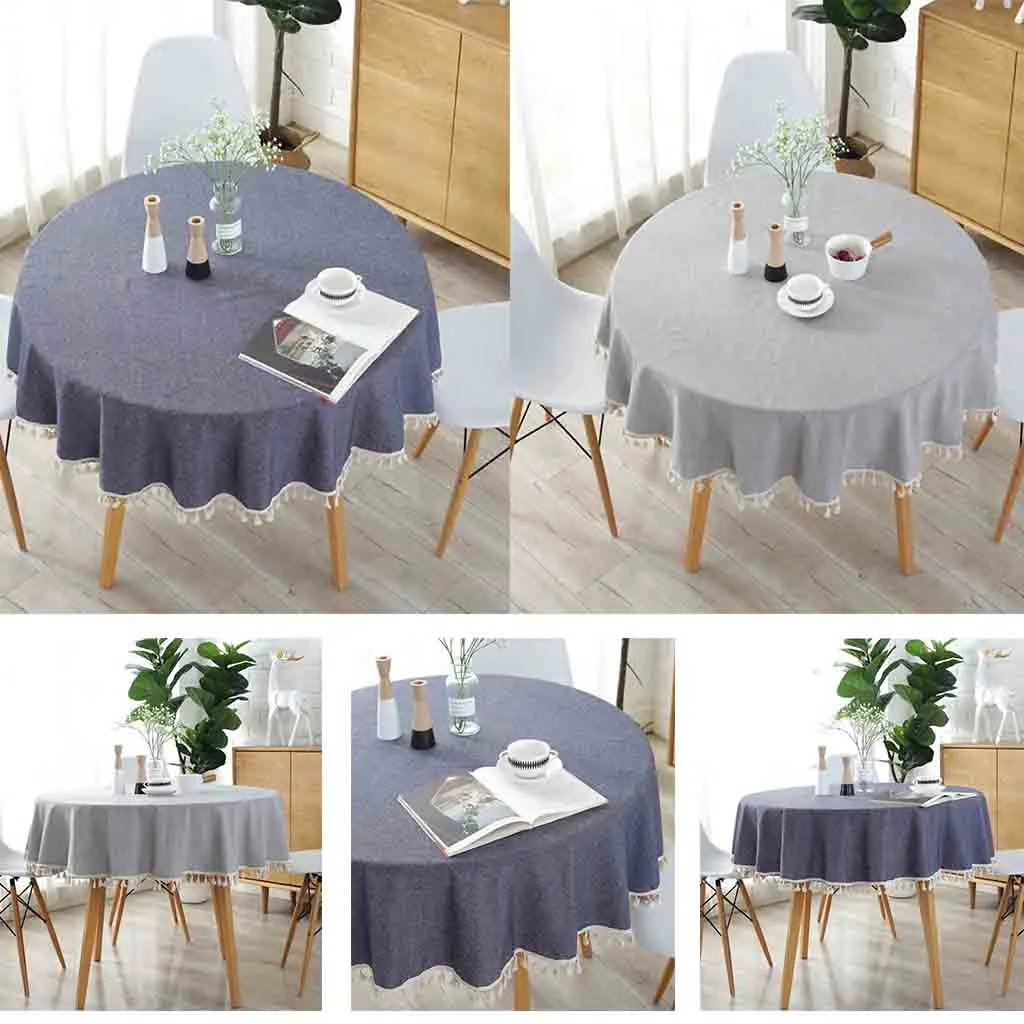  Japanese Simple Style Cotton Linen Round Solid Tablecloth With Tassel Dust Proof Table Cover for Ki