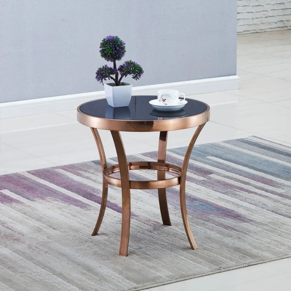 55cm High Small Coffee Table with Metal Frame in Gold / 48cm Round Black Glass Top 55cm High Small Coffee Table with Metal Frame in Gold / 48cm Round Black Glass Top