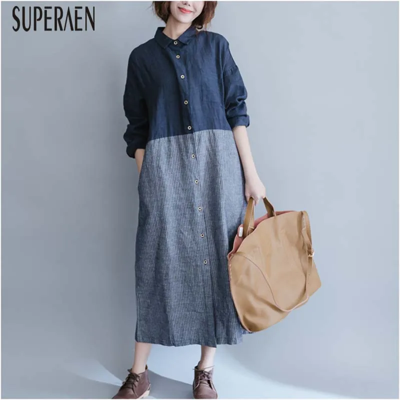 

SuperAen Autumn New 2018 Fashion Women Dress Casual Loose Long Sleeve Dress Cotton and Linen Striped Cardigan Shirt Dress Female
