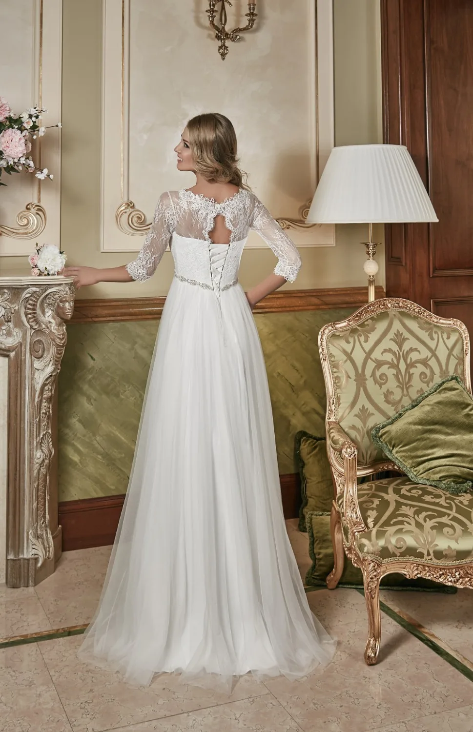 Простое длинное шифоновое свадебное платье 2017 A Line 3/4 рукава Rhienstones с бисером для