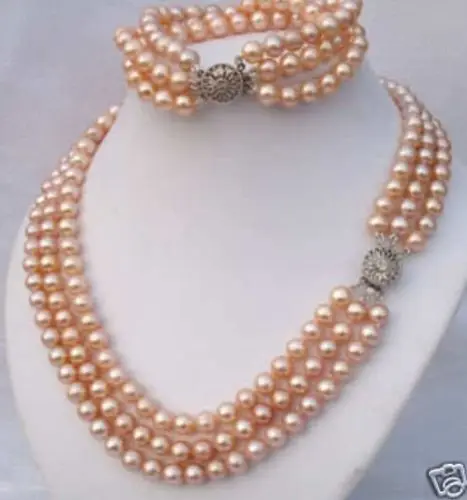 

Hot sale new Style >>>>New 3Rows 7-8mm Pink Natural Pearl Necklace Bracelet Set