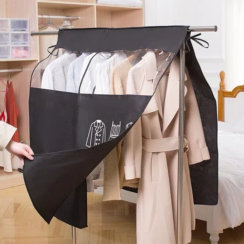 Пыли утолщаются нетканые мешки для хранения пыли Чехол для костюма пальто куртка одежда подвесной органайзер для спальни напольная вешалка - Цвет: Black