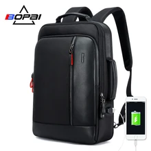 BOPAI, USB зарядка, мужской черный кожаный рюкзак, школьные сумки, скрытый карман, Противоугонный рюкзак, мужской рюкзак для ноутбука, sac a dos