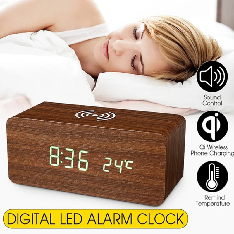 

New Qi Mobile Phone Wireless Charger Electric LED Alarm Clock Desktop Digital Wooden Clock HD with Sound Control Multi-function