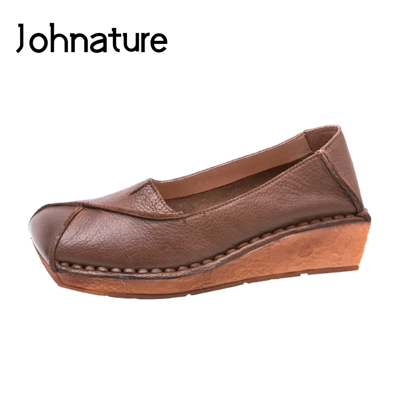 

Johnature 2019 New Spring/autumn Casual Retro Genuine Leather Shallow Slip-on Platform Shoes Women Wedges Pumps Med Heels