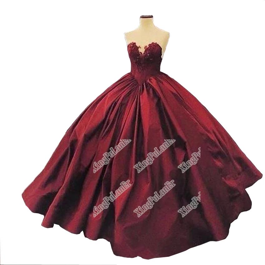 

XingPuLanEr Bungundy Puffy Quinceanera Dresses 2019 Ball Gown Sweetheart Satin Appliques Lace Party Sweet 16 Dresses Prom Gowns