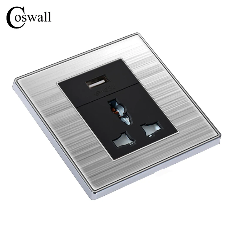 

COSWALL Multi-function 3 Hole Universal Socket with USB Charge Port For Mobile Luxury Wall Power Outlet Stainless Steel Panel