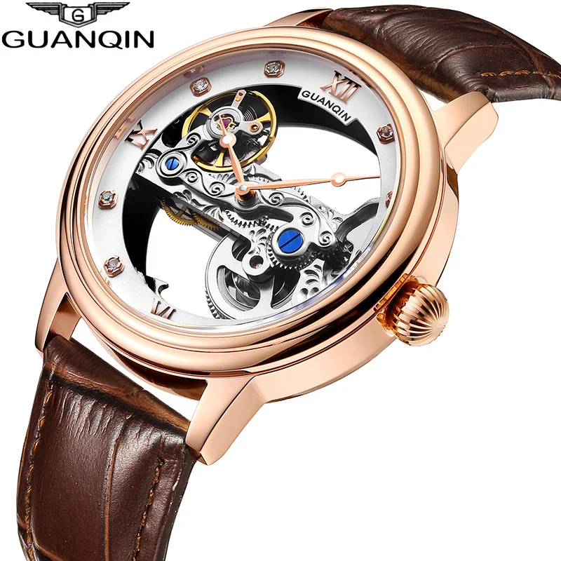 Часы GUANQIN мужские роскошные брендовые автоматические светящиеся часы мужские, кожаный ремешок Tourbillon водонепроницаемые скелетные Мужские