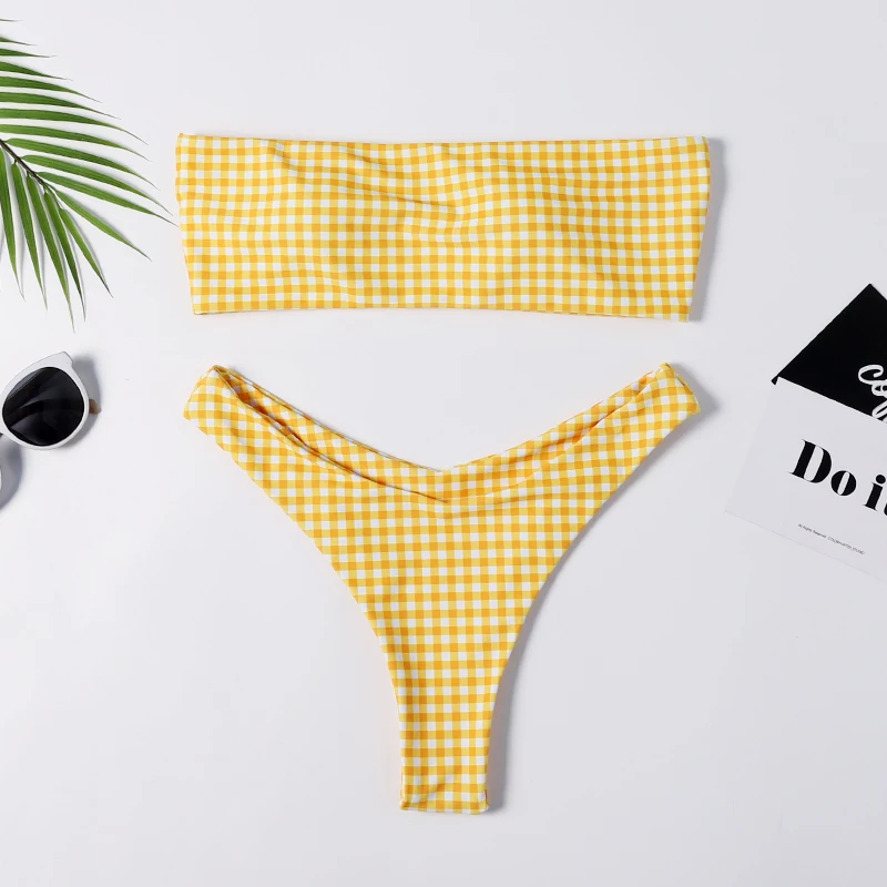 

Women's Yellow Plaid Swimsuits Sexy Swimming Suit Bandeau Bikini Set Girl Separate Swimwear Female Brazilian Beach Bathing Suits