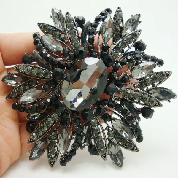 Vintage Style Black Brooch Pin Jewelry Black Flower Large Rhinestone Crystal Party Jewelry Brooches Pins For Woman