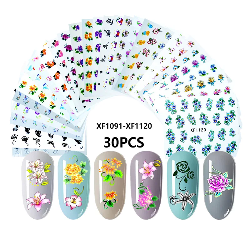 

Addfavor 30PC Floral Nail Art Sticker Flower Butterfly Letters Cartoon Nail Stickers Decals Adhesive French Nail Decoration Tips