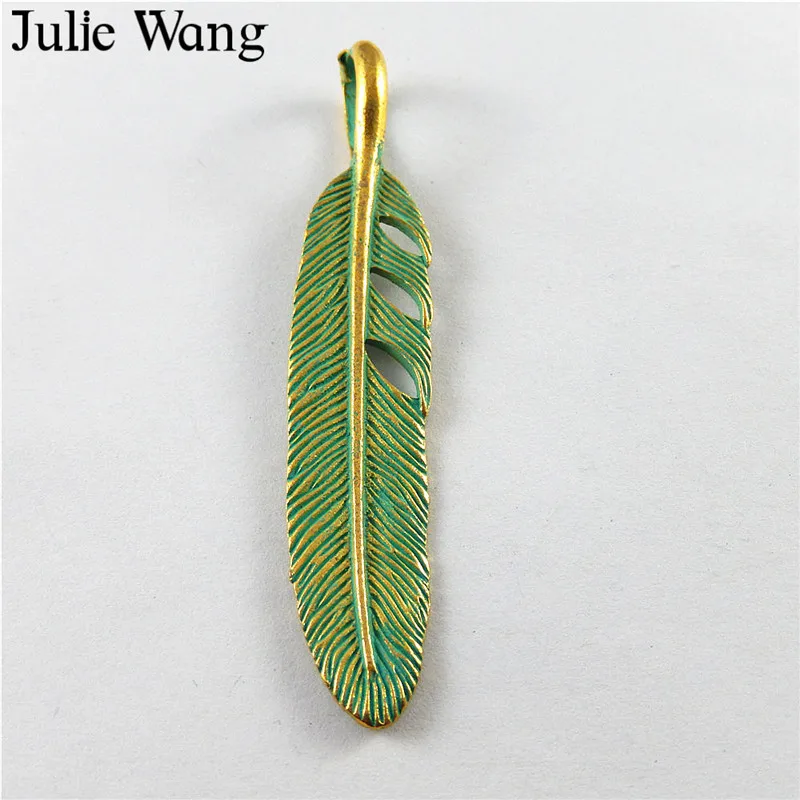 

Julie Wang 5PCS Alloy Antique Green Bronze Pendant Charm Three Hole Big Feather Necklace Findings Jewelry Making Metal Accessory