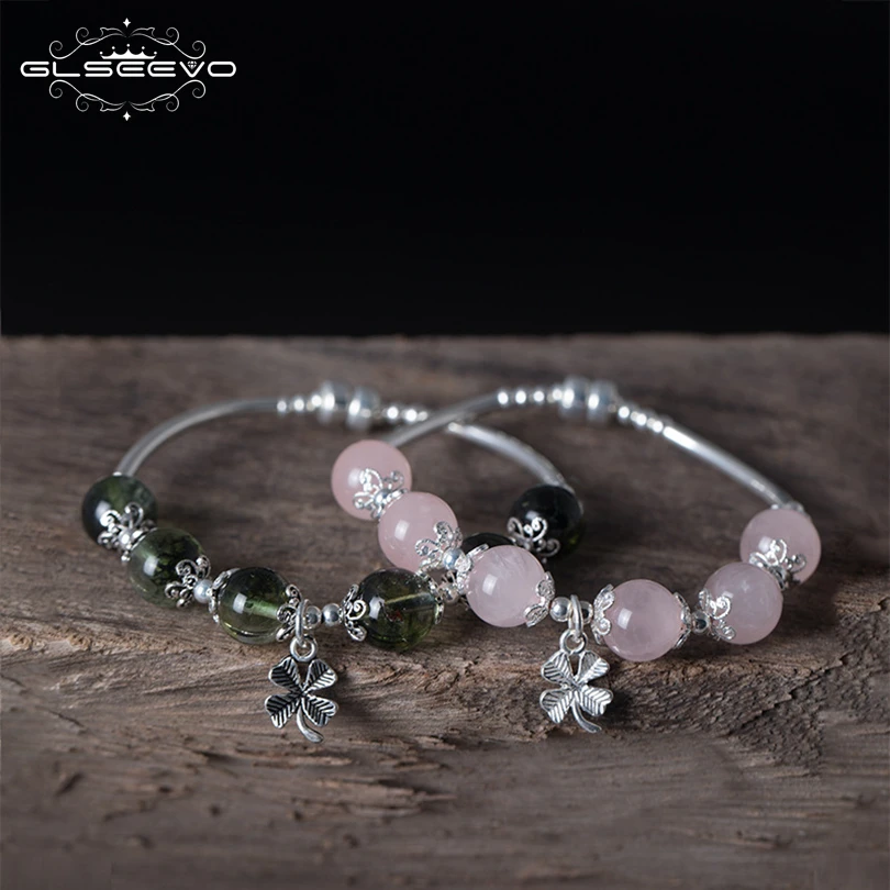 

GLSEEVO 925 Sterling Silver Natural Stone Green-Phantom Pink Crystal Flower Adjustable Women's Bracelets Luxury Jewelry GB0077