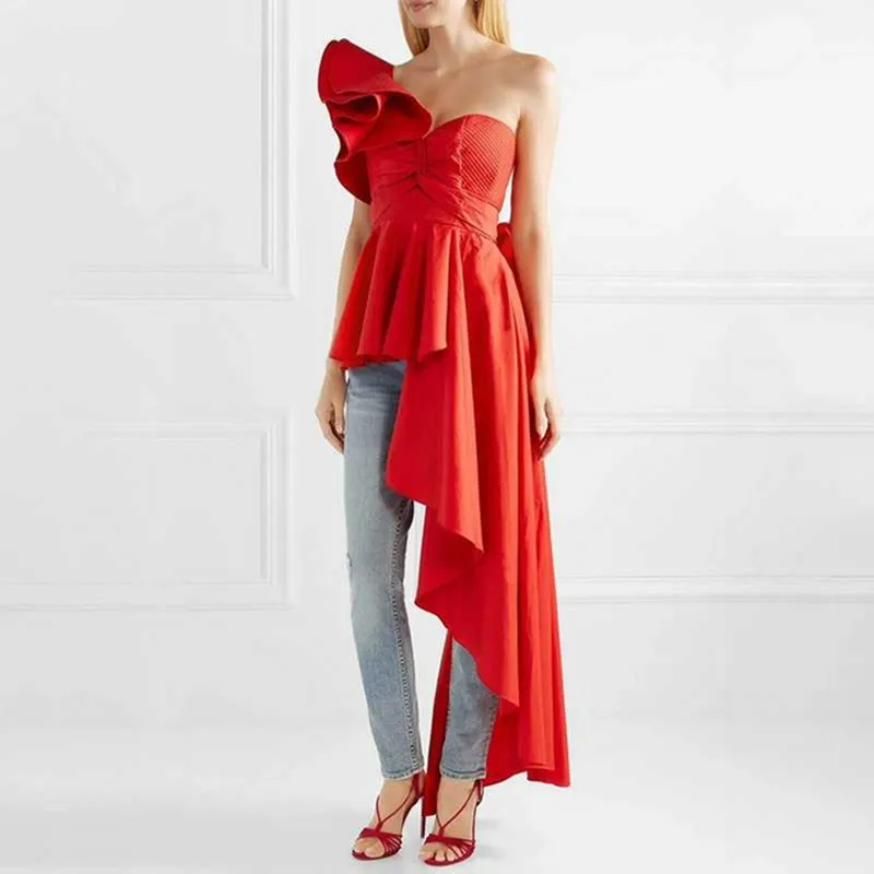 

DEAT Runway Designer Womens Tops And Blouses 2019 Sexy One-shoulder Ruffles Irregular Long Chiffon Blouse High Streetwear MF496
