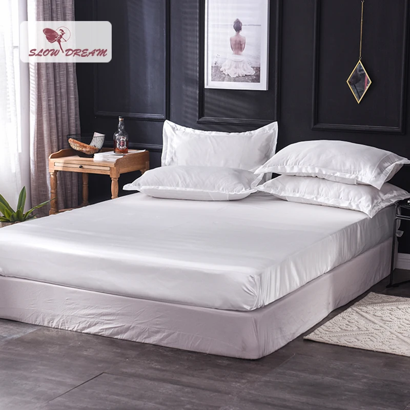 

Slowdream 1 Piece Luxury 100% Silk White Fitted Sheet Wholesale Elastic Band Mattress Cover Queen King Bed Sheets For Women Men