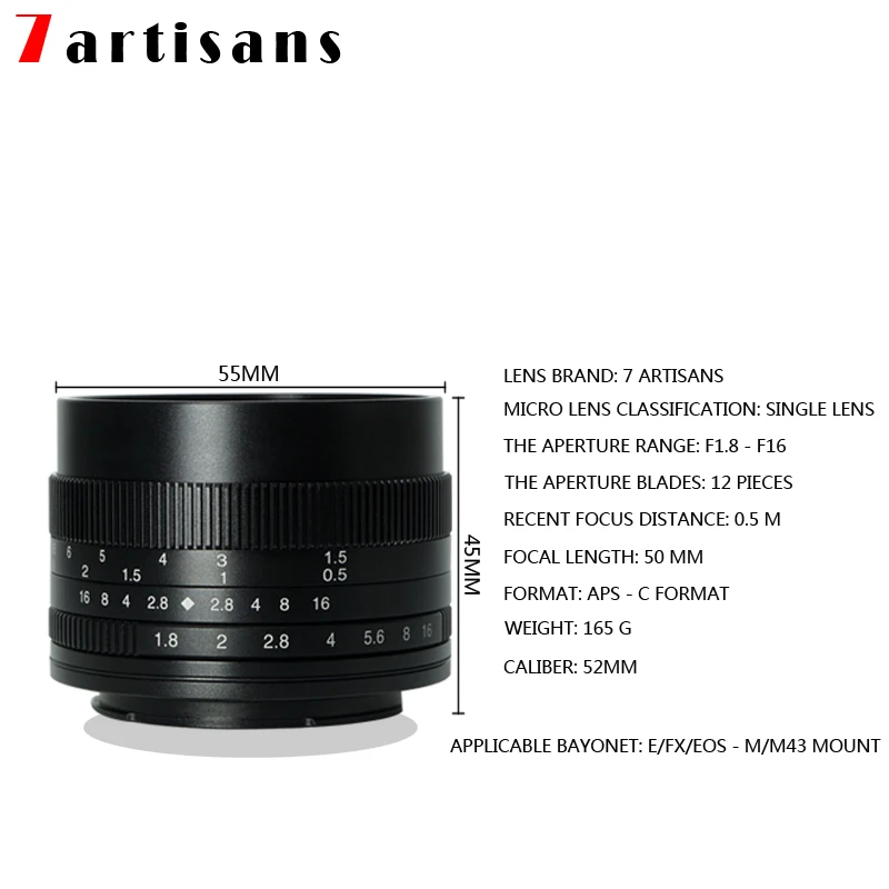 7 artisans 50 мм F1.8 Большая диафрагма ручной фиксированный фокус микро объектив для