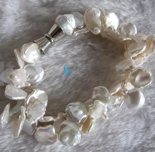 

Pearl Bracelet 8 Inches 2 Rows 8-16mm White Keshi Pearl Bracelet New Free Shipping