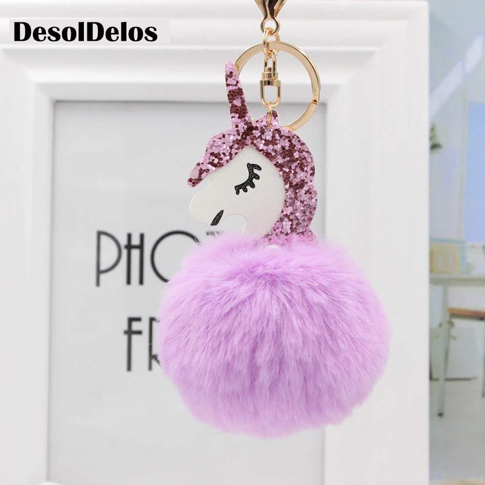 

2019 New Fluffy Unicorn Keychain Pompom Artificial Rabbit Fur Key Chain Women Bag Car Key Ring Hang Bag Keyring llavero mujer
