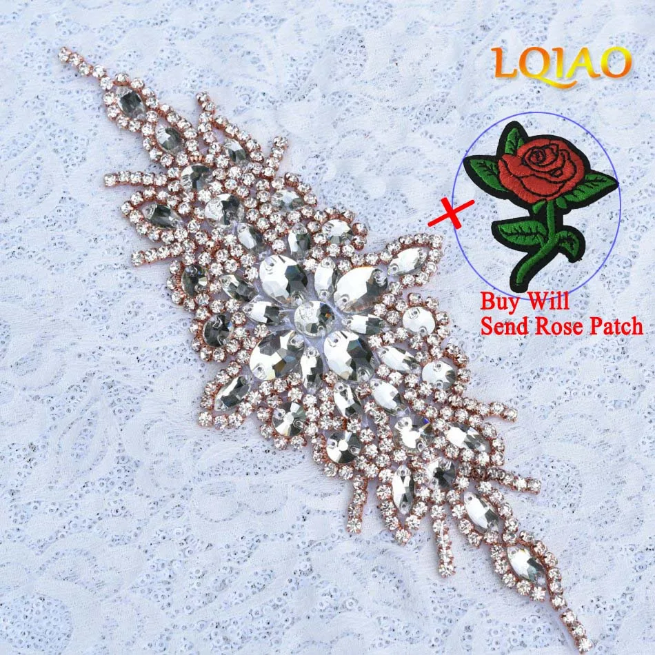 (20 PIECE)Hand beaded sewing bridal flower rose gold clear crystal