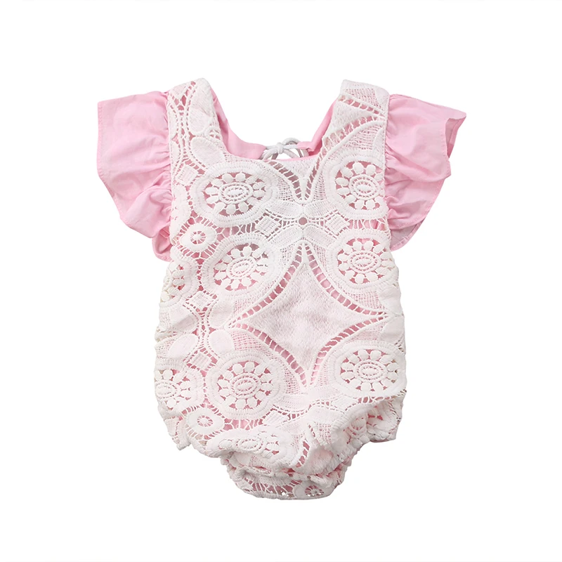 

Adorable Newborn Baby Girl Summer Sunsuit Fly Sleeve Back Hole Lace Pink Romper Jumpsuit Outfits Baby Clothes 0-24M