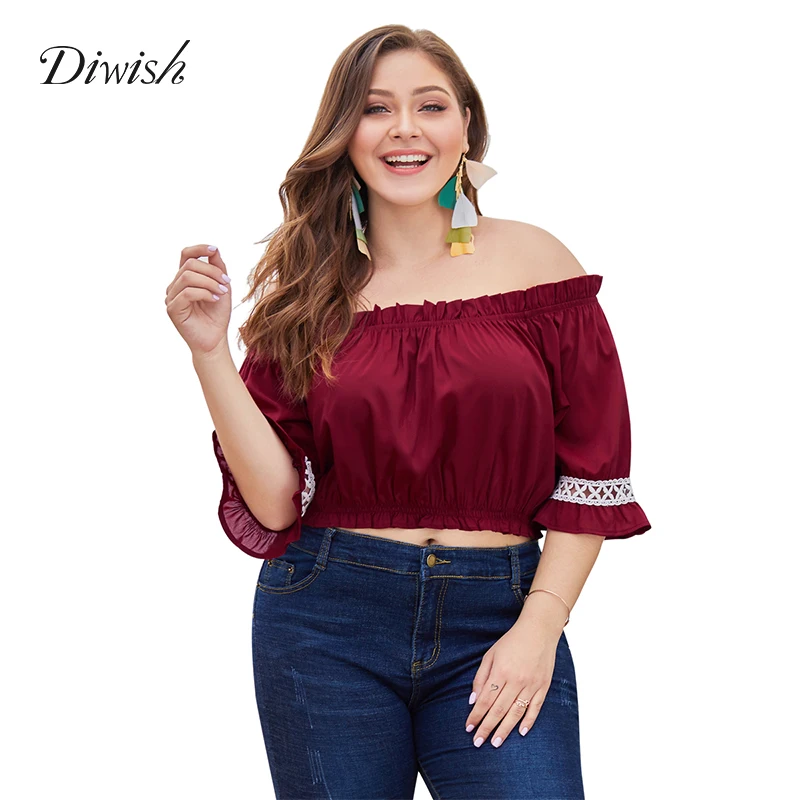 

Diwish Red Top Short Sleeve Women Tops Off Shoulder Casual Ladies Tops Lace Patchwork Women Top Plus Size XL-4XL
